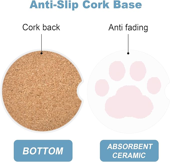 2 Pack Car Cup Holder Coaster, 2.63 inch Anti Slip Insert Absorbent Ceramic Car Coaster with Cork Base and Finger Notch, Cute Car Accessories Interior for Women, Cute Car Coasters., CH0025