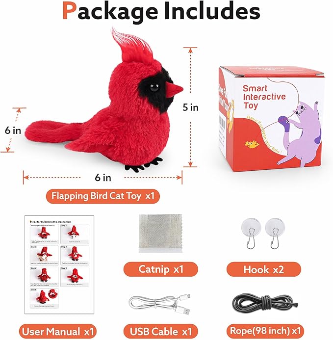 Flapping Cardinal Cat Toys, Interactive Cat Exercise Toy with Lifelike Bird Chirp, USB Rechargeable Automatic Cat Kicker Catnip Toys for Bored Indoor Adult Cats Kittens