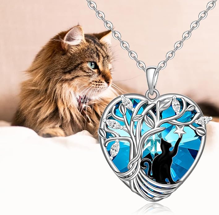Black Cat Necklace for Women Sterling Silver Tree of Life Crystal Cat Pendant Necklace Heart Cats Jewelry Charms Friendship Memorial Valentines Christmas Gifts
