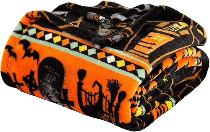 Ghost Halloween Blanket 50” x 70” Reversible Castle Gravestone Pumpkin Print Fleece Throw Blanket, 320 GSM Surper Soft Warm Cozy Blanket for Couch Sofa, Halloween Harvest Gifts and Orange Home Decor
