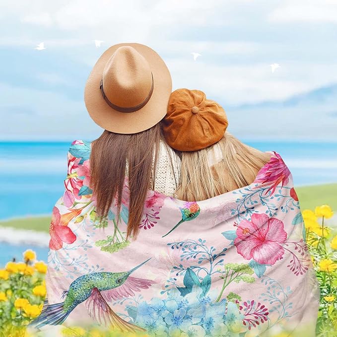 Floral Throw Blanket for Girls Women Colorful Birds Soft Fuzzy Flannel Bed Blanket for Adults Plush Watercolor Flowers Christmas Birthday Gifts,50x60”