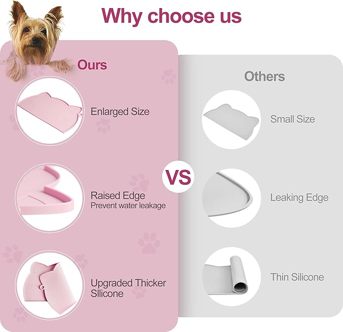 Coomazy Cat Food & Water Mat, Thicker Non-Slip Silicone Mat with Raised Edge (Pink, Medium)