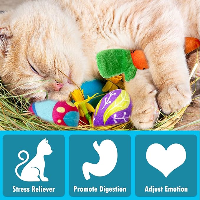 4 Pack Easter Cat Toys, Bunny Cat Wand Toy with Bell, Easter Egg Catnip Toys with Crinkle, Easter Gifts for Indoor Cats & Kitten & Kitty