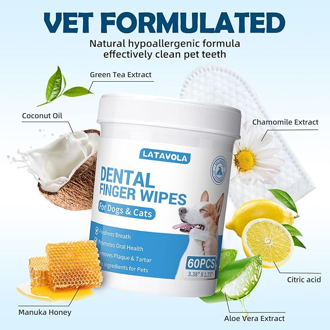 Dog Teeth Cleaning Wipes - Cat & Dog Dental Wipes - Dog Tooth Brushing Kit Dental Finger Wipes Reduces Plaque & Freshens Breath - 59 Count
