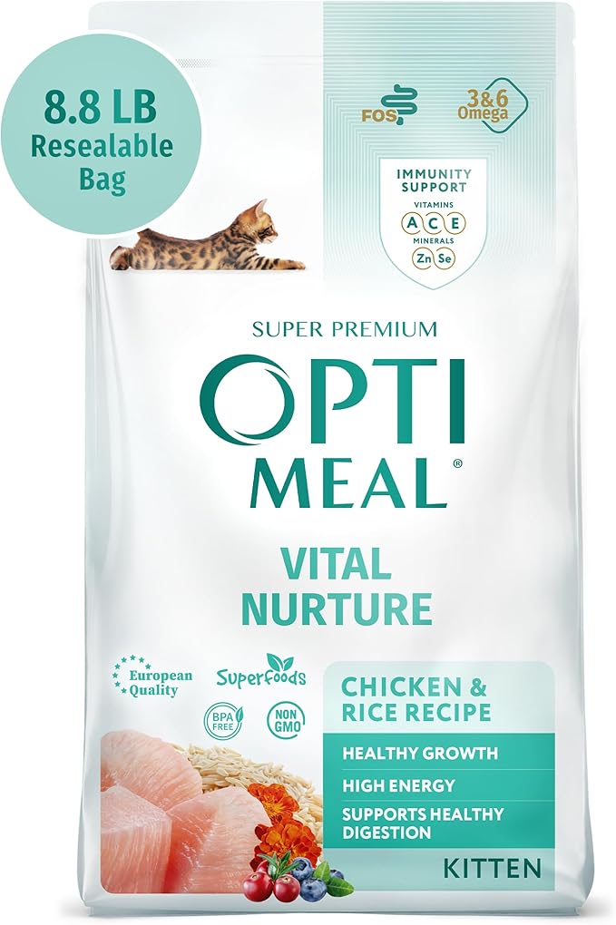 OPtimeal Vital Nurture Kitten Food - Proudly Ukrainian - Kitten Food Dry Recipe for Healthy Digestion, Tasty Cat Food with Immunity Support for Kittens (8.8lbs, Chicken & Rice)