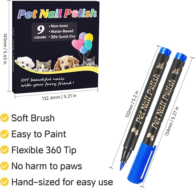 Dog Nail Polish Pens Quick Dry,9 Colors Safe Dog Nail Polish Set to DIY Pretty Nails, Ideal Gifts for Dogs Cats Light Dark Nails, Odorless, Non-Toxic, Water-Based Pet Nail Accessories Set