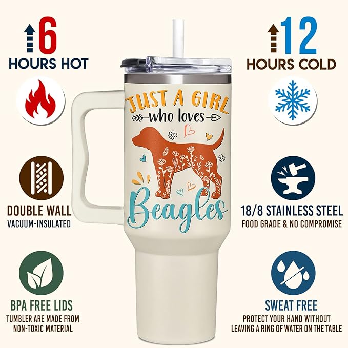 Beagle Gifts for Girls & Women, Christmas and Mother's Day Gifts for Beagle Lovers, Birthday Present Idea for Dog Owners, Dog Mom 40oz Tumbler with Handle & Straw