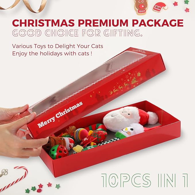 PETEPELA Christmas Cat Toys, 10 Pcs Cat Feather Mice Catnip Toys Set, Cat Gifts for Christmas, Interactive Cat Christmas Stocking Ball Toys, Crinkle Balls, Mice Toys for Indoor Cats & Kittens