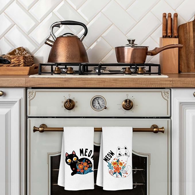 Cute Cat Kitchen Dish Towels Set of 2 Black and White Cat Kitchen Accessories Cat Lover Gifts for Women Cute Boho Towels Decorative Set for Kitchen & Bathroom 16×24 Inch