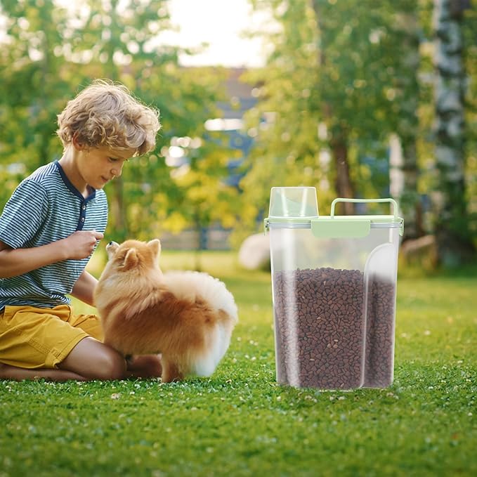 5-10LBS Dog Storage Container with Large Nozzle Design, 4 Safety Buckles, Double-Layer Sealing Strips and a Handle and Measuring Cup is Easy to Clean and Does BPA-free.