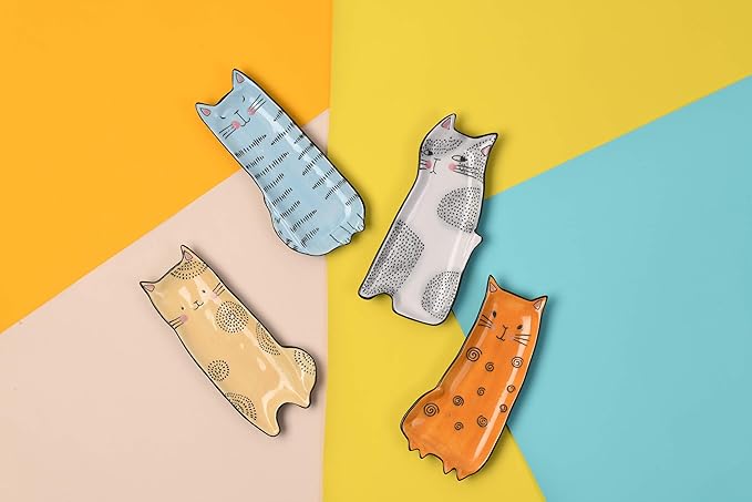 Bico Cartoon Cat Appetizer Plates Set of 4, Small Stoneware Ceramic Plates for Appetizer, Snacks, Sauce, Assorted Color, Microwave and Dishwasher Safe