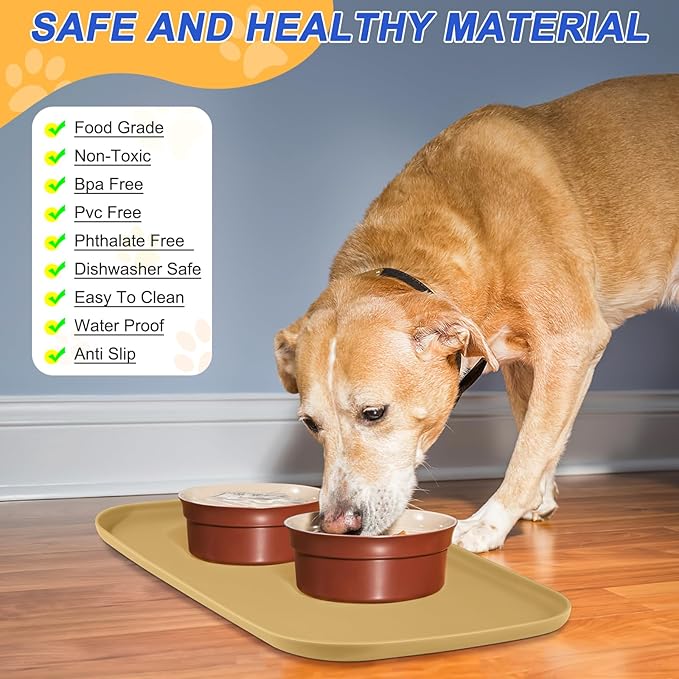 Silicone Pet Feeding Mat with Raised Edge for Food and Water, Dog Bowl Mats, Cat Bowls Placemat with High Lip for Floor Waterproof, Rubber Tray for Cats and Dogs 24 x 16 x0.8 Beige