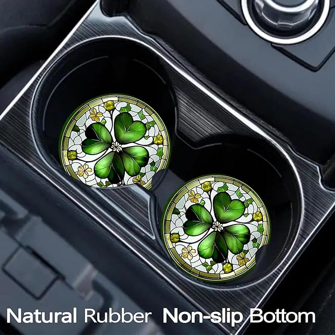 Car Coasters for Cup Holders,2 Pack Four Leaf Clover Car Coasters,2.75" Universal Size Anti Slip Rubber Mat,Automotive Cup Holder Decal Decor Accessories,Four Leaf Clover Gifts for Women,Men,Mom