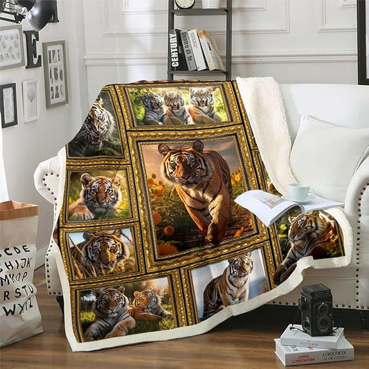 Feelyou Kids Tiger Fleece Throw Blanket Queen 90"x90" Wild Animal Sherpa Blanket for Bed Sofa Couch Safari Cat Print Plaid Plush Blanket Women Men Fuzzy Blanket