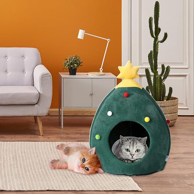 ShellKingdom Christmas Cat House, Cat Bed with Tree Shape for Christmas, Doggy House with Bed Cushion - Pet Indoor Pet Cat and Puppy Bed 17.71 x 15.74 inches (Green)