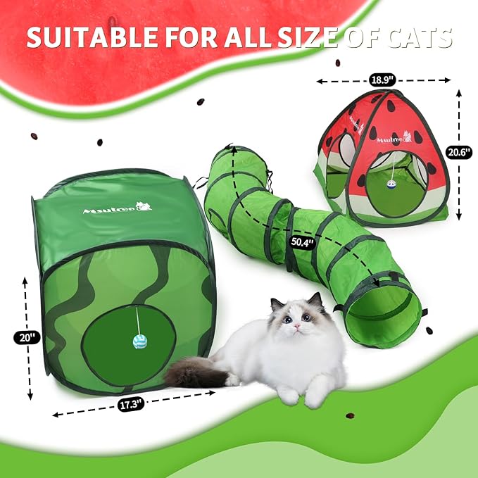 Cat Tunnel Toy and Cubes Combo Cat Tunnels for Indoor Cats Tube with Play Ball,Interactive Crinkle Collapsible Tent for Hiding Hunting and Resting, All in One Set of 3, Fruit