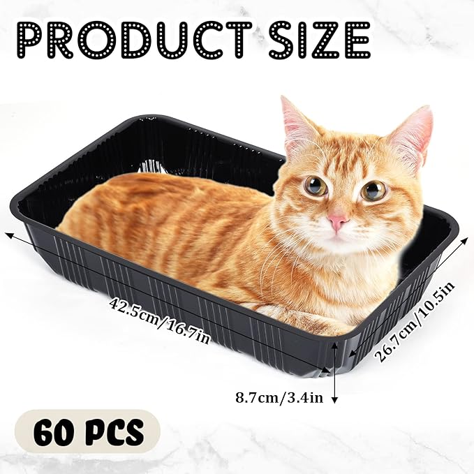 60 Pack Disposable Litter Boxes for Cats Litter Tray for Small Pets Kitten Plastic Litter Box Disposable Cat Litter Trays Recyclable Plastic Litter Box for Pet Travel, Black, 16.7 x 10.5 x 3.4 Inch