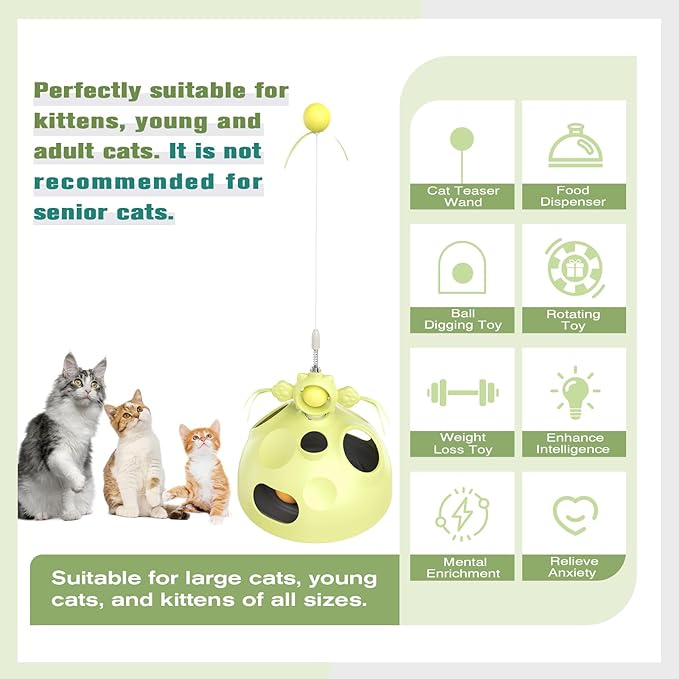 Zaabaaziba Interactive Cat Toys Multifunctional, Track Balls, Kitten Toy for Indoor, High-Elasticity Cat Teaser Wand, Multi-Cat Households, All Cat Breeds, Slow Feeder Toy Green