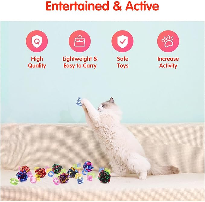SEVENKA Cat Toys 8 Pcs Color Crinkle Balls and 24 Spring Toys, 2in/5cm Cat Toy Balls, Kitten Toys, Plastic Spiral Springs for Cat Swatting, Biting, Hunting, Active Healthy Play