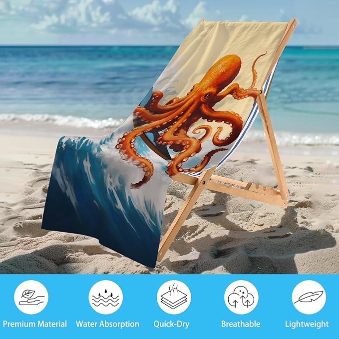 WZOMT Microfiber Octopus Beach Towel, Funny Octopus Surfing Ocean Animal Print Bath Towel for Kids Adults, Orange Blue Quick Dry Sandproof Towels for Swim/Travel/Pool, Oversized 32x52 Inch