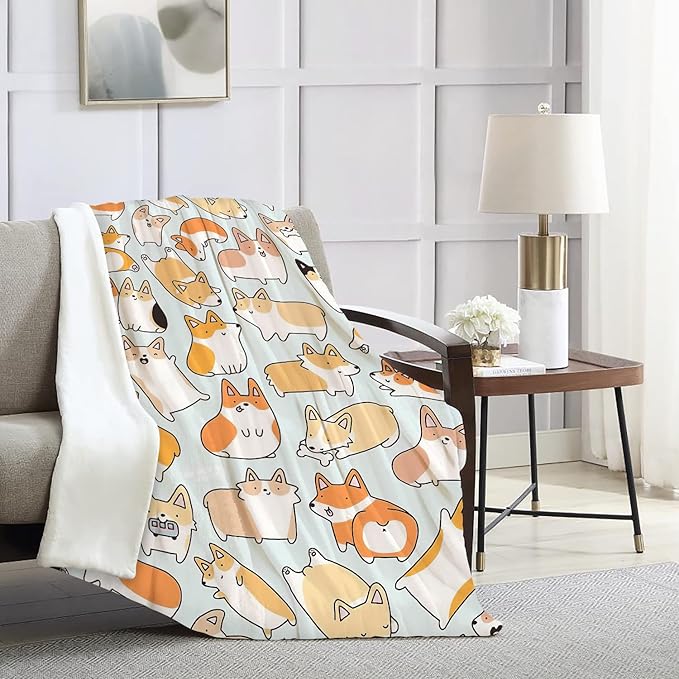 COLLA Cute Dog Pattern Throw Blanket, Soft Plush Fleece Flannel Blanket for Couch, Gift for Corgi Lovers Room Decor 50x40 Inch