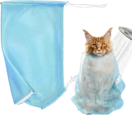 Cat Bathing Bag Anti Scratch and Bite, Cat Shower Bag Soft Mesh Net Bag for Small/Medium/Large Cats Restraint Grooming Nail Trimming Washing - Blue
