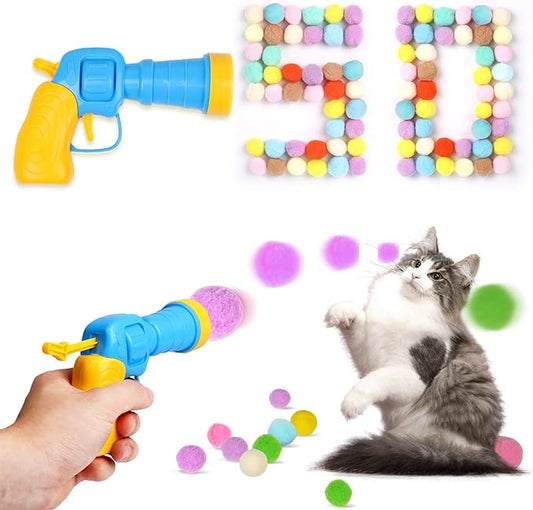Cat Toy Balls with Launchers Set (1+50), 50 Cat Pom Pom Balls & 1 Cat Toy Ball Launchers (Durable Reinforced Edition), Cat Enrichment Toys, Interactive Cat Toy Balls, Soft & Safe Cat Toys
