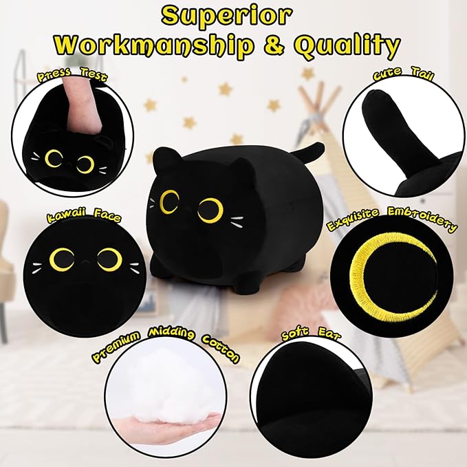 Cute Soft Plush Cat Plushie - 11.8'' Black Cat Stuffed Animal, Cat Plush Pillow for Kids, Girls & Boys