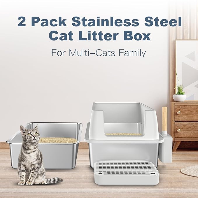 2 Pack Stainless Steel Cat Litter Box with 1Pack Lid, XL Extra Large Litter Box for Big Cats, Metal Litter Box with High Sided Enclosure & Scoop, Anti-Leakage, Non-Sticky, Easy Cleaning