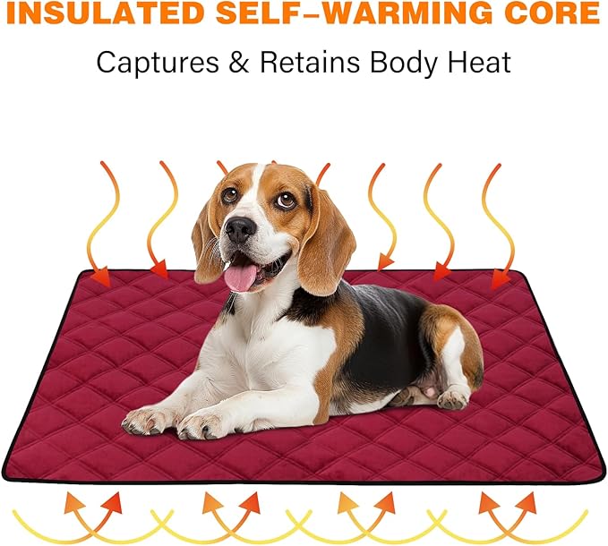 Self Warming Dog Bed, Pet Crate Pad for Indoor and Outdoor, Washable Heating Dog Kennel Mats with Non-Slip Bottom for Small Medium and Large Dogs - Deep Red, M:28"x45"