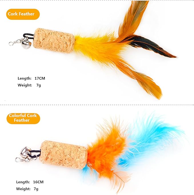 Cat Feather Toys Set, Cat Retractable Teaser Wand Toy, Interactive Cat Chaser Toy for Exercising Kitten or Cat, Included 2 Refills Feathers CT15-8 Cork Colorful Feather