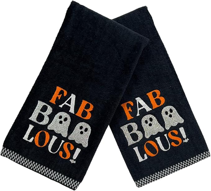 Halloween Bathroom Hand Towels Set of 2-16” x 25” Embroidered Ghost Faboolous Design- Decorative Seasonal Holiday Bath Decor