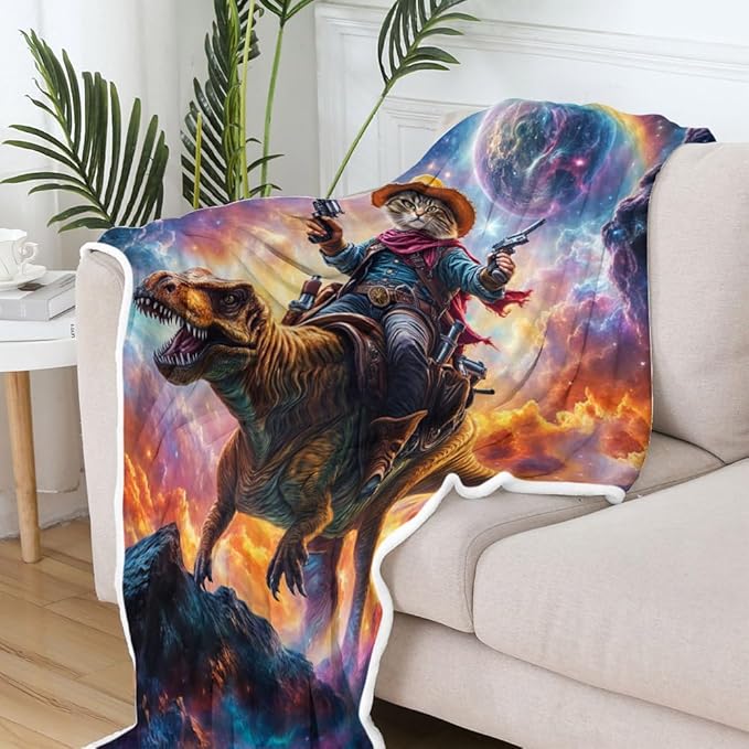 Funny Cat Dinosaur Blanket, Blue Galaxy Space Rainbow Decor Throw Blanket Cozy Plush Flannel Fleece Warm Soft Lightweight Fuzzy Blanket Funny Gifts for Boys Girls Teens Women for Bed Sofa Couch