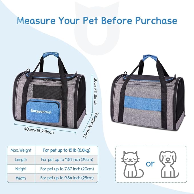 BurgeonNest Cat Carriers for Small Cats Under 15, Small Pet Carrier with Unique Side Bag,Top Load Little Animal Purse Soft-Sided Escape Proof with 4 Ventilated Windows