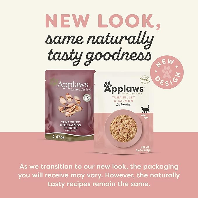 Applaws Natural Wet Cat Food in Broth, Limited Ingredient Wet Cat Food Pouches, No Additives, Made with Natural Ingredients, Tuna with Salmon in Broth (12 x 2.47oz Pouches)