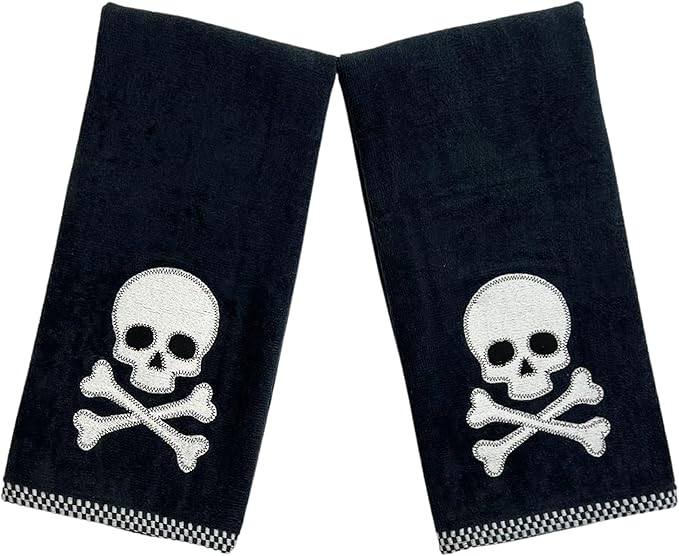 Halloween Hand Bathroom Towels Set of 2-16” x 25” Embroidered Skull and Crossbones Design - Soft Black Cotton Decorative Kitchen Bath Holiday Decor