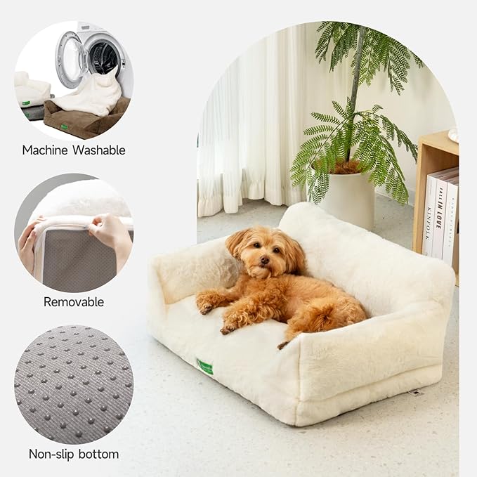 MEWOOFUN Cute Cat Couch Beds for Indoor Cats, Washable Fluffy Cat Chair with Removable Cover, Supportive Dog Couch Bed for Small Dogs with Non-Slip Bottom, Cat Sofa for Cats and Small Pets (White, M)