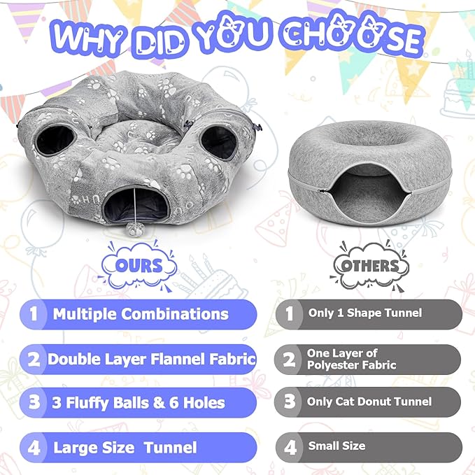 Cat Tunnel Bed, Cat Tunnels for Indoor Cats, Cat Donut Tunnel Toys, Cat Tubes and Tunnels, Self-Luminous Collapsible Tunnels with Plush Cover