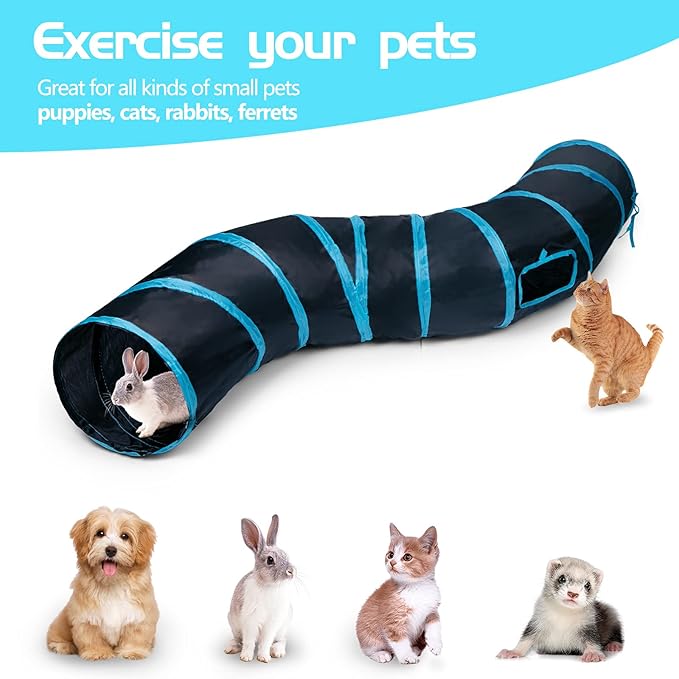 Sheldamy Cat Tunnel, S-2-Way Cat Tunnels for Indoor Cats, Collapsible Cat Play Tunnel, Interactive Toy Maze Cat House with 1 Play Ball for Cats, Puppy, Kitty, Kitten, Rabbit (Blue & Black)