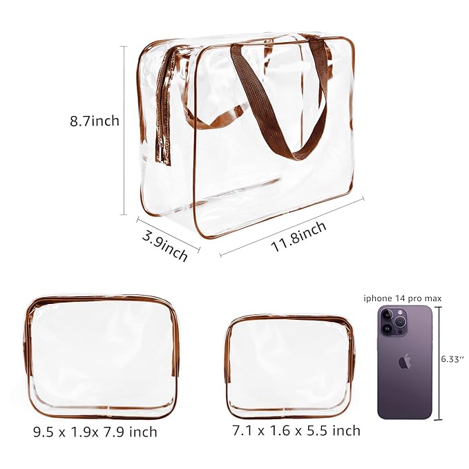 3Pcs Crystal Clear PVC Travel Toiletry Bag Kit for Women Men, Waterproof Vinyl Packing Organizer Storage Bags with Zipper Handle Straps, Cosmetic Pouch Carry on Airport Airline Compliant Bag Handbag