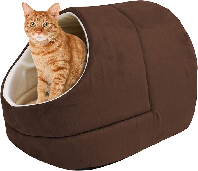 GOOPAWS Cat Cave for Cat and Warming Burrow Cat Bed, Pet Hideway Sleeping Cuddle Cave (Brown-2)
