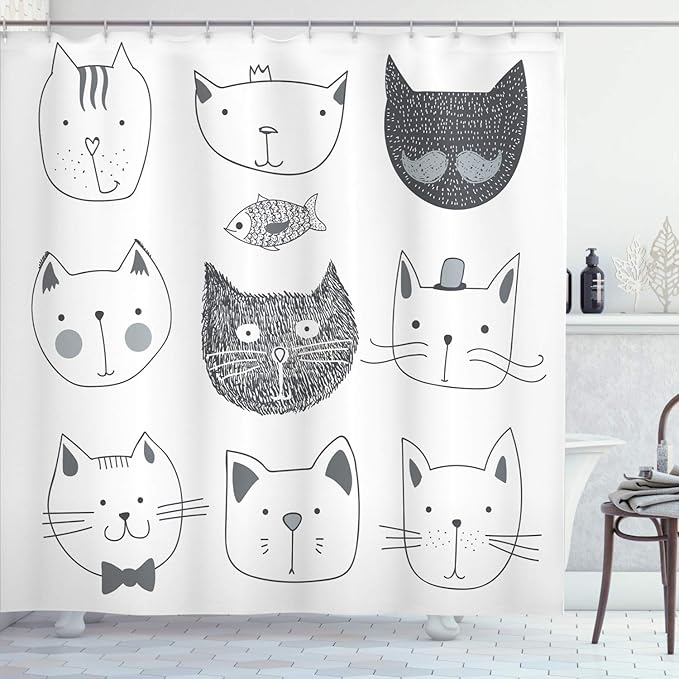 Ambesonne Cat Shower Curtain, Pets Moustache Bow Tie Hat Crown Fluffy and Fish Humor Faces Graphic, Cloth Fabric Bathroom Decor Set with Hooks, 69" W x 84" L, Taupe Grey