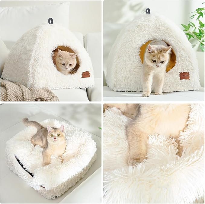 CATISM Cat Bed, Cat Cave for Indoor Cats, Soft Cat Dome, Self-Warming 2 in 1 Foldable Pet Cat House with Washable Cushioned Pillow Calming Fluffy Dog Beds for Small Dogs with Anti-Slip Bottom White