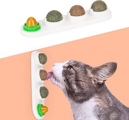 Catnip Ball for Cats Wall, 4 Pack Catnip Toys, Silvervine Balls, Edible Kitty Toys for Cats Lick, Safe Healthy Kitten Chew Toys, Teeth Cleaning Dental Cat Toys, Cat Wall Treats (White)