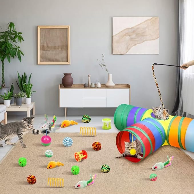 Malier Interactive Cat Tunnel Toys Set With Feather Toy, Crinkle Balls, and 3-Way Tube - Great for Kittens and Cats
