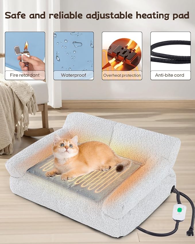Thirdream Heated Cat Couch Bed for Indoor Pet Cats,Orthopedic Furniture, Warming & Heating PET Chair, Cat Beds Fabric, Anti-Slip Bottom, Washable Cover, Cute & Large Size