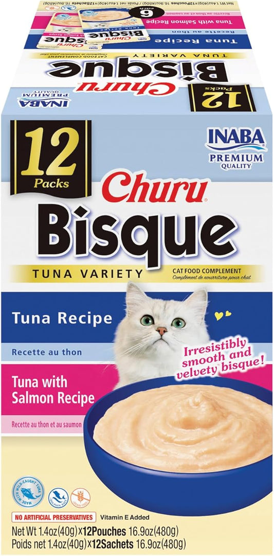 INABA Churu Bisque for Cats, Creamy Lickable Purée Side Dish with Vitamin E, 1.4 Ounces per Pouch, 12 Pouches, Tuna Variety