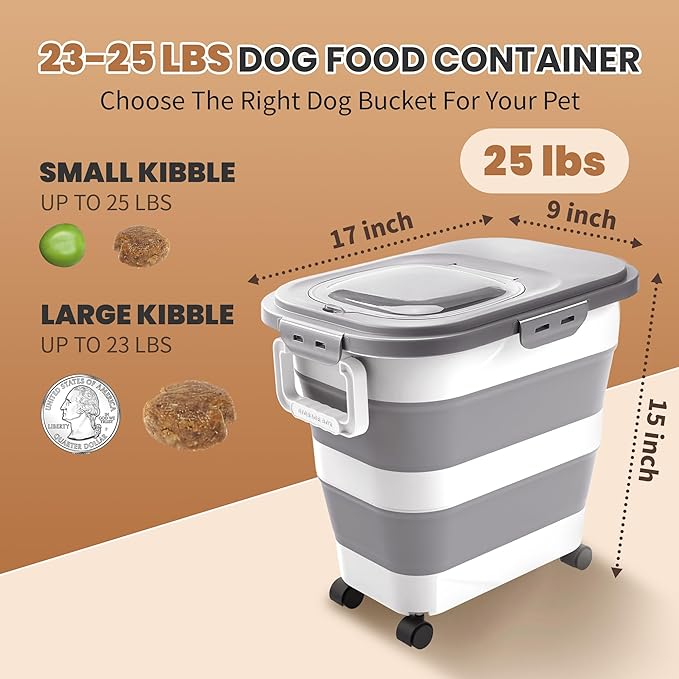 23-25 Lbs Dog Food Storage Container with Airtight Lid,Collapsible Dog Food Container with Wheels,Handle,Large Pet food storage Container with Scoop,Small Food Container for Dog Cat