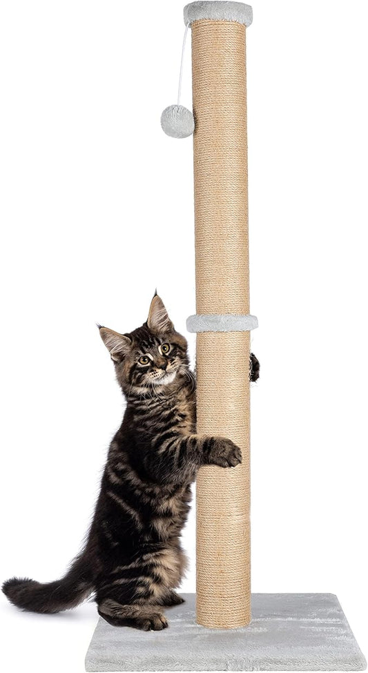 FluffyDream 37'' Cat Scratching Post, Natural Sisal Rope Scratcher with Dangling Teaser Ball and Covered with Soft Plush for Kittens and Adult Cats, Sand Color