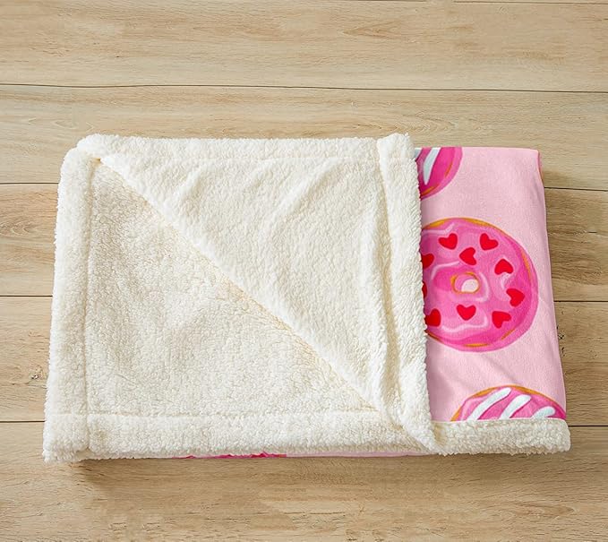 Chocolate Doughnut Plush Blanket - Whimsical Dessert Print Fleece Throw for Bed, Couch, Sofa Decor - Chic Bright Kawaii Pink Sherpa Fuzzy Blanket 40"x50"